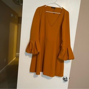 Boohoo Plus Volume Sleeve Skater Dress-Dark Mustard